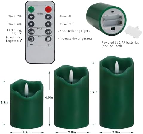 Green Flameless Candles Set of 3, Christmas LED Candles with Remote & Timer