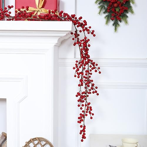 Christmas Red Berry Garland Artificial Burgundy Cranberry Xmas Tree Decor Holly Berry Garland for Winter Christmas Indoor Outdoor Home Fireplace Table Decorations(Large)-1PCS