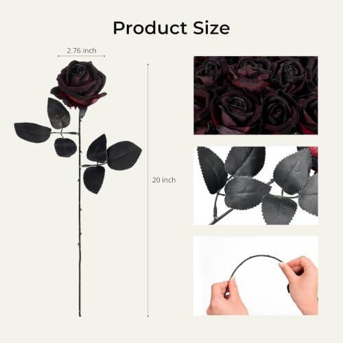 Auihiay 60Pcs Black Artificial Roses, Faux Halloween Flowers, Balck Roses