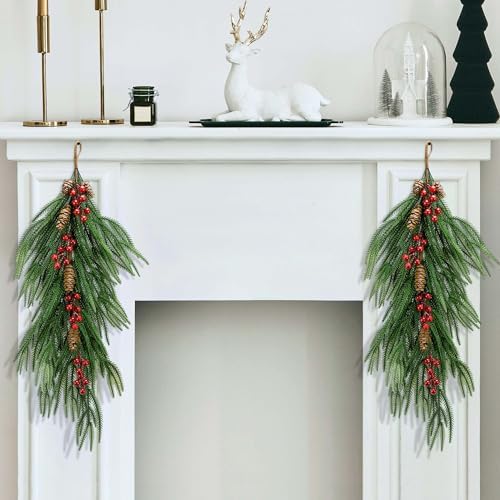 2 Pcs Artificial Christmas Teardrop Swag with Berries and Pinecones, Faux Berry Pine Branch Teardrop Door Swag, Norfolk Wreath Greenery Staircase Swags for Xmas Door Mantle Fireplace Decor