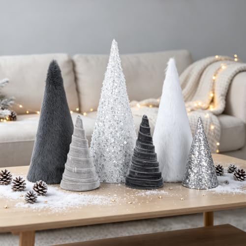 6 PCS 12" 10" 6" Christmas Silver Gray Cone Tree Decoration Christmas Glitter Sequin Furry Velvet Tree Table Centerpiece Modern Tiered Tray Ornament Xmas Tree for Home Holiday Mantle Winter Decor