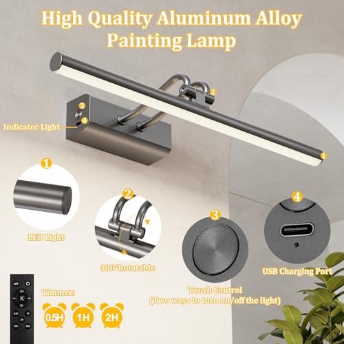 Battery Operated Picture Light for Wall, Grey, 13.8",RF Remote Control