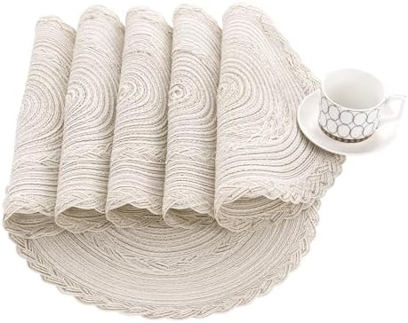 SHACOS 15 inch Round Braided Placemats Set of 12 for Dining Table Woven Boho Place Mats Kitchen Placemat Washable Table Mats, Ivory Bordered