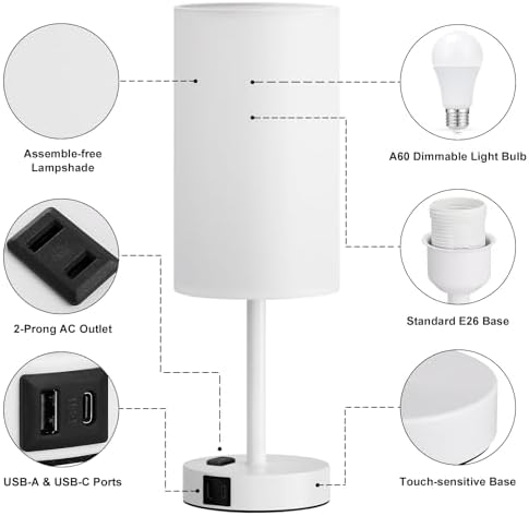 Fenmzee 17.4" White Lamp for Bedroom - Dimmable Touch, USB A+C, AC Outlet