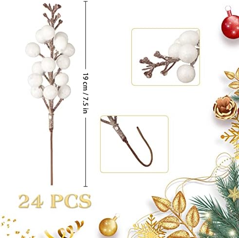 24 Pack Glitter White Berry Stems,7.5 Inch Christmas Sparking Red Faux Winter Berry Sprigs,Artificial Red Berries Branches for Christmas Tree Garland Wreath Crafts Season Winter Home Decor