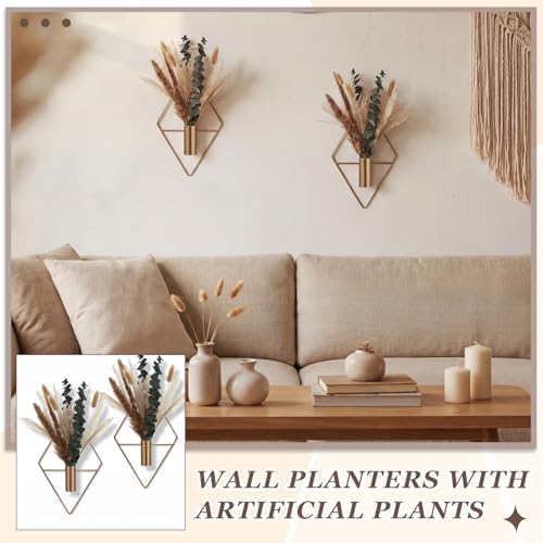 Jexine 4 Pcs Hanging Artificial Planters Wall Decor, Antique Copper, Pampas