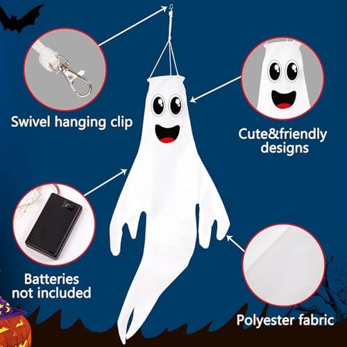 Geefuun 4PCS Warm Light Halloween Cute Ghost Windsocks Hanging Decorations - 43 Inch Flag Wind Socks for Home Yard Outdoor Decor Party Supplies (Batteries Not Included,No Timer)