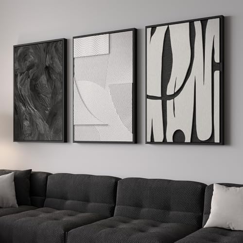 3D Large Framed Black and White Abstract Wall Art for Living Room, 3 Piece