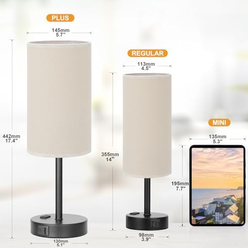 Fenmzee 17.4" Beige Lamp for Bedroom - Dimmable Touch, USB A+C, AC Outlet