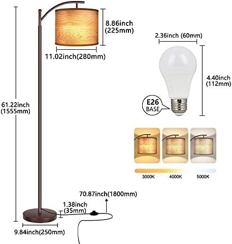 Floor Lamp for Living Room, LED Standing Lamp Tall Industrial Floor Lamp Reading for Bedroom, Office (9W LED Bulb, Wood
