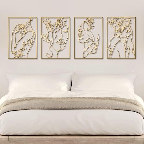 Glamativity 4 Pack Gold Wall Art Decor, Female Flower Face Lover Minimalist Décor Single Line Art Wall Décor, Real