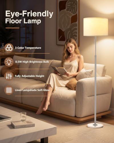 Ambimall Height Adjustable Modern Floor Lamp, Silver & White