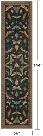 Green and Black 3x12 Long Runner Rugs for Hallway - Boho Door Rugs for Entryway Indoor Washable, 12ft Nature Insect
