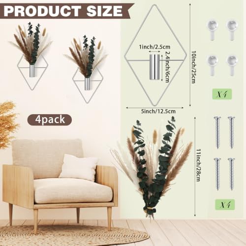 Jexine 4 Pcs Hanging Artificial Planters Wall Decor, Chrome Silver, Pampas