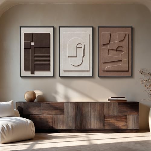 Large Framed 3D Wall Art for Living Room, Brown Abstract Art Wall Decor