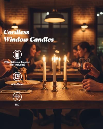 SUNSGNE Battery Operated Window Candles, Flameless Window Candles with Auto Timer for Holiday Home Table Christmas Decor, C26 LED Ultra-Bright Bulbs, 4 Pack, Gold Base