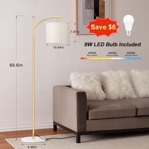 Ambimall 60" Floor Lamp for Living Room with 3 Color Temperatures, Gold Standing Lamp with White Marble Base, Modern