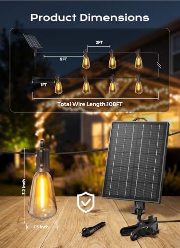 Brightown 108FT Solar String Lights Outdoor Waterproof, 26Hrs Runtime