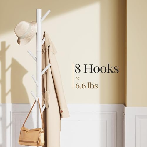 Pipishell Solid Wooden Coat Rack Freestanding with 8 Hooks, White