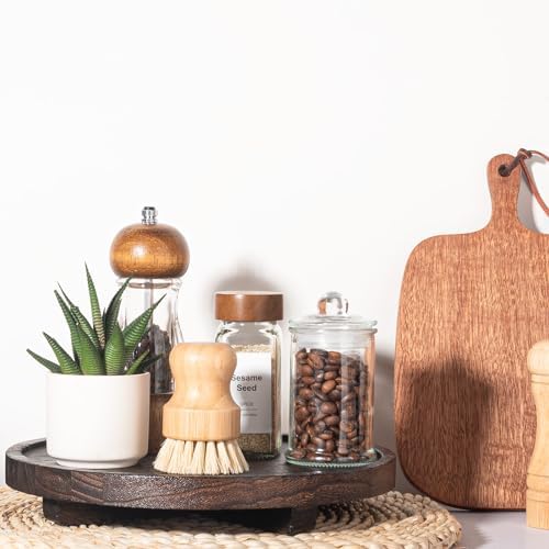Round Decorative Tray Wood Bathroom Counter Organizer Farmhouse Kitchen / Dark Brown / Set of 10