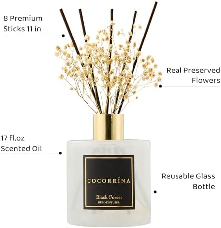 COCORRÍNA Reed Diffuser - Black Forest 17 Fl.oz Reed Diffuser with 8 Sticks Scented Diffuser with Preserved Flowers for