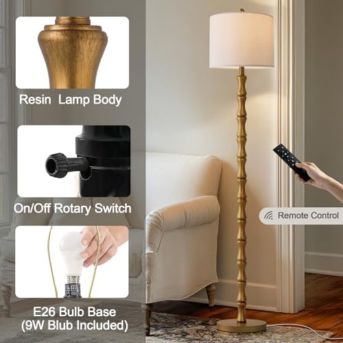 BOBOMOMO 62" Rustic Farmhouse Floor Lamp Antique Gold with Remote & Dimmable 9W Bulb, 3 Color Temperatures Resin