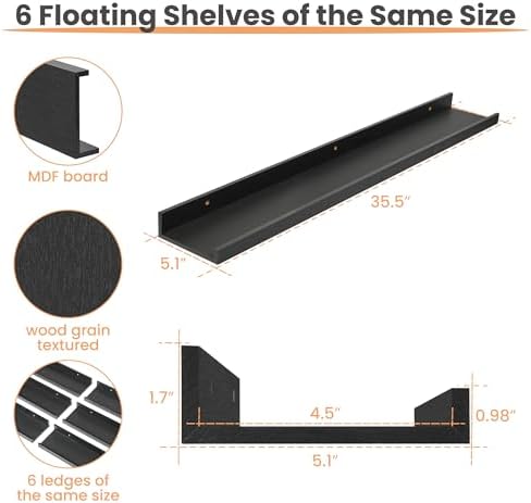 upsimples Floating Shelves for Wall Decor and Storage, Black, 6Pcs 35.5''