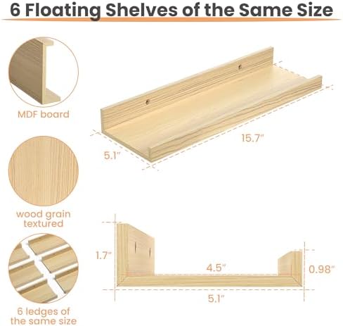 upsimples Floating Shelves for Wall Decor Storage, Natural, 6Pcs, 15.7''