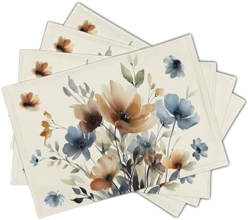 Floral Placemats Set of 4 18x12 Inch Spring Summer Brown and Blue Flowers Linen Place Mats Heat-Resistant Washable Wipeable Wildflowers Table Mat for Party Kitchen Dining Room Dinner Table Decor
