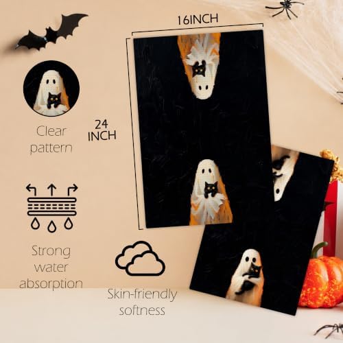 Halloween Ghost Black Cat Kitchen Towels, Halloween Hand Towels for Bathroom Decor, Whimsical Spooky Ghost Hugs Black Cat Dishcloths Dish Towel for Kitchen 16x24 Inches Set of 2