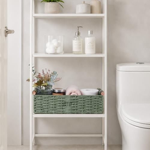 Round Paper Rope Storage Basket Wicker Baskets for Organizing with Handle Decorative Storage Bins for Countertop Toilet