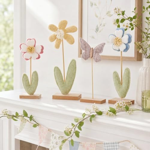 SUNBEAUTY Flower Centerpieces for Tables Felt Flower Butterfly Tabletop Decor with Wooden Base Boho Nursery Baby Girl Shelf Decor