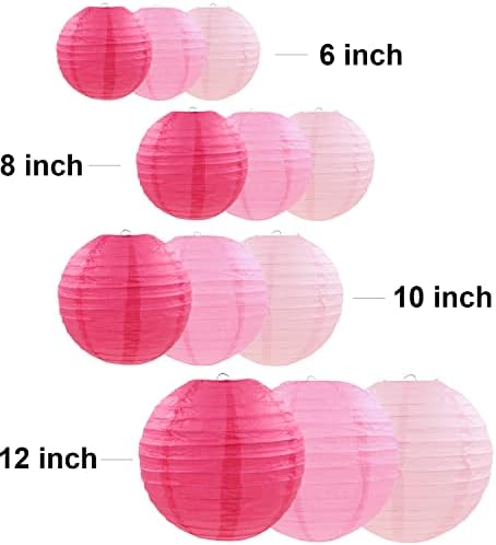 12 Pcs Pink Party Paper Lanterns Romantic Decorations Rose Red and Pink Round Chinese Paper Lanterns for Wedding Birthday Party Valentines Day Engagement Baby Showers Decoration