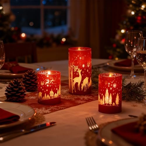 Wondise Red Christmas Reindeer LED Flameless Candles with Remote Timer