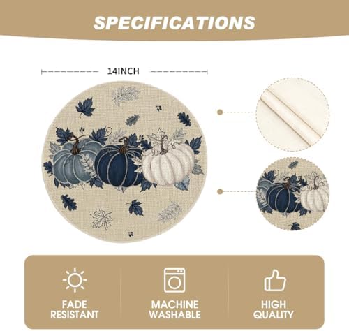 Artoid Mode Navy Blue Pumpkins Round Fall Placemats Set of 4-14 Inch