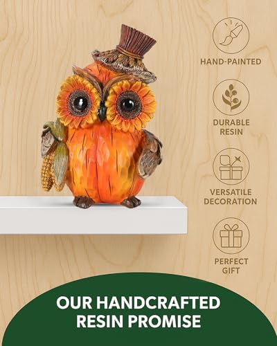 iStatue Set of 2 Thanksgiving Decorations Owl Figurines – Hand-Painted Resin Pumpkin Owls with Sunflower Eyes & Hats, 4.7” Fall Harvest Table Decor for Autumn Centerpiece (Yellow)