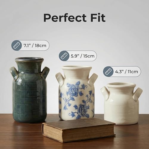 Ceramic Vase Set of 3 with Two Handles, Blue White Neutral Rustic Modern Farmhouse Boho Decor, Versatile as Table