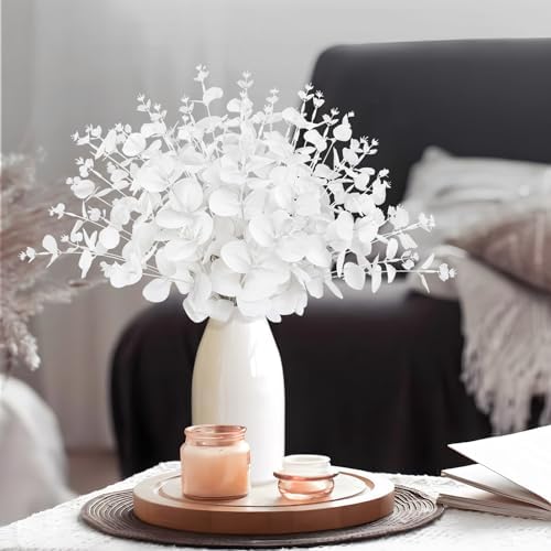 Yen Jean 14PCS White Eucalyptus Artificial Faux Flowers for Decoration - Fake Silk Stems in Vase Christmas Holiday Winter Wedding Home Decor