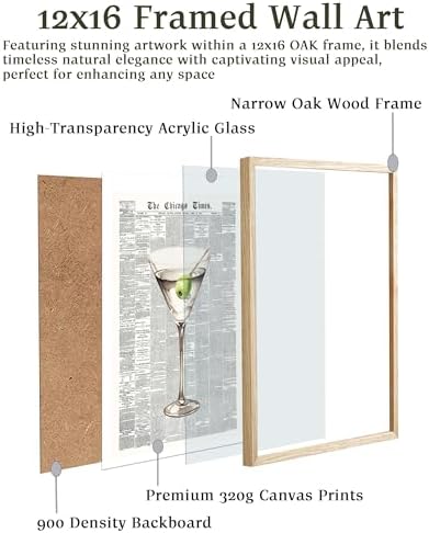 EcoHest 12x16 in Martini Newspaper Framed Wall Art for Bar Cart