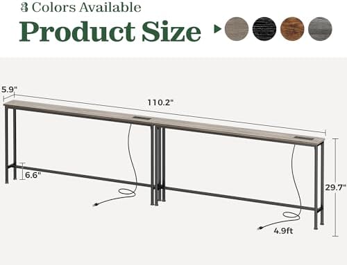 SUPERJARE 110.2 inch Narrow Behind Couch Table with Charging Stations