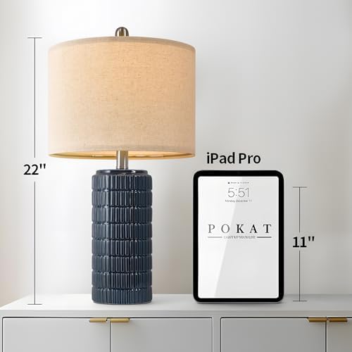 PoKat 23" Blue Table Lamps, Farmhouse Bedside Lamps for Bedroom Set of 2, Ceramic End Table Lamps for Living Room