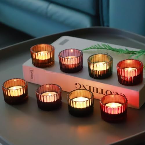 VOHO 4 Colors Tealight Candle Holder Fall Decor, Set of 12 Glass Votives