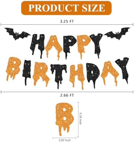 Glitter Happy Birthday Halloween Banner - NO DIY - Halloween Hanging Paper Garland Bunting Banner Decorations, Party Supplies for Kids Boy Girl Birthday Black Orange