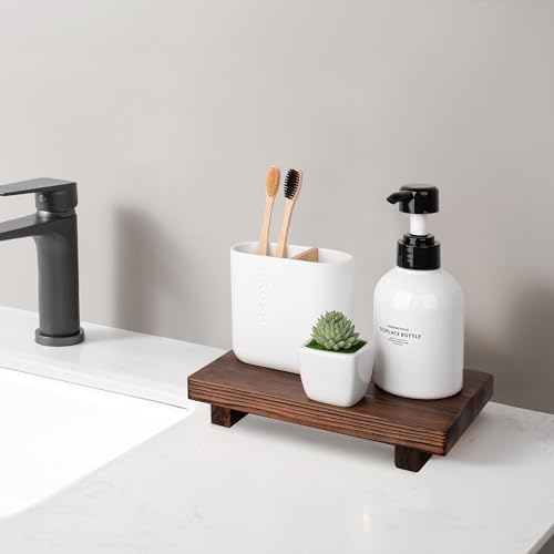Bathroom Counter Organizer Wood Pedestal Stand Farmhouse Decorative Tray / Dark Brown / 9 x 6 x 1.6