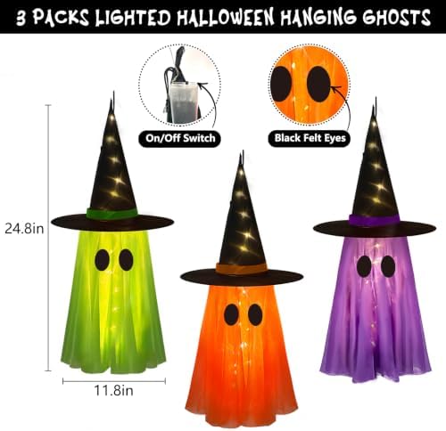 DAZONGE 3 Pack Light-up Halloween Hanging Witch Ghost Decor Outdoor