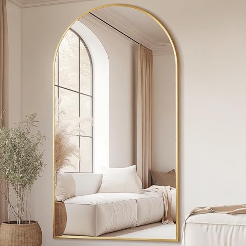 Prywot Full Length Mirror, Oversized 77"x38" Arched-Top Floor Mirror, Gold