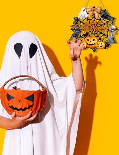 Halloween Wreaths for Front Door Welcome Sign Happy Halloween Wall Decorations Wooden Spider Web Ghost Black Cat Pumpkin Hanging Wall Decor Indoor Holiday Decor