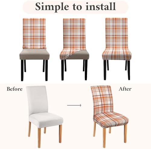 4Pcs Fall Plaid Chair Covers Set - Stretch Elastic Edge, Removable Orange Chair Protectors, Suitable for Dining Room/Kitchen Chairs