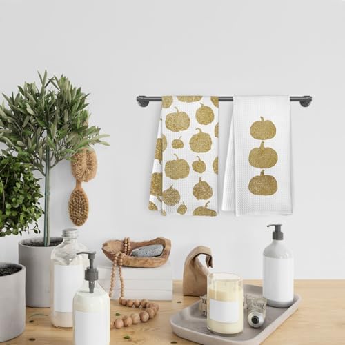 Gold Fall Pumpkin Decor Kitchen Towels and Dishcloths Set of 2, Fall Hand Towels for Bathroom, Gold Autumn Thanksgiving Farmhouse Pumpkins Decorative Dish Tea Towels for Dorm Bathroom, 16×24