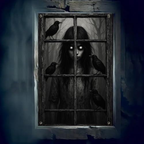 BlissYard Halloween Crow Girl Window Cover 31x47 Inch Polyester Decoration